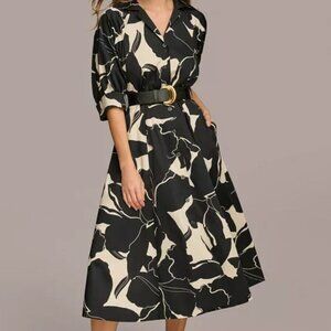Donna Karan Printed 3/4 Sleeve Notch Collar Belted Side Pocket A-Line Midi Dress